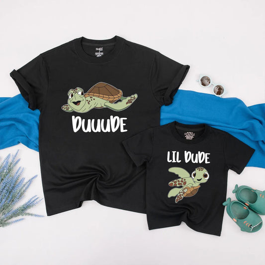 Duuuude & Lil Dude Matching Turtle Tees Adorable Sea Turtle Dad & Son Outfits Perfect Father's Day Gift