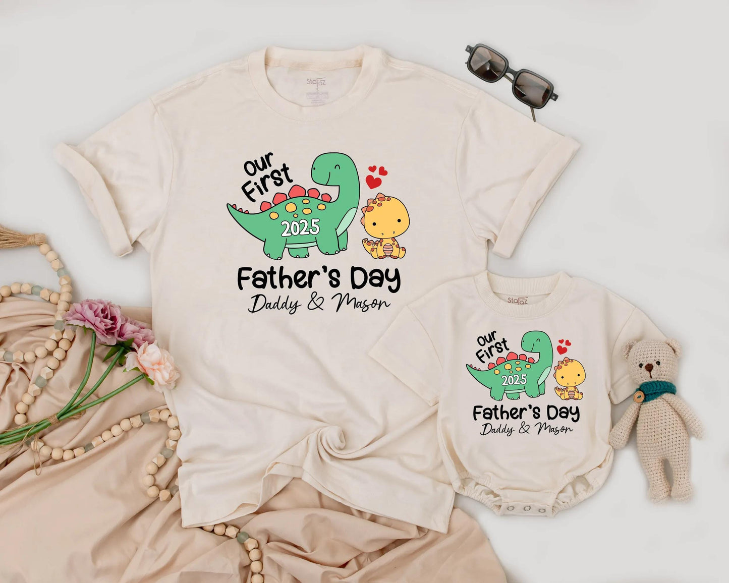 Personalized Our First Father's Day Dinosaur Matching Daddy & Baby Outfit 2025, Dino Romper, Cute Gift Boy
