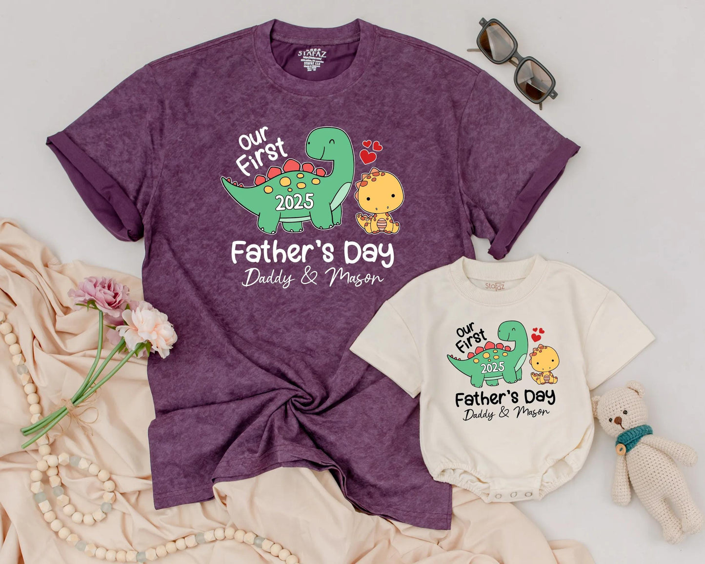 Personalized Our First Father's Day Dinosaur Matching Daddy & Baby Outfit 2025, Dino Romper, Cute Gift Boy