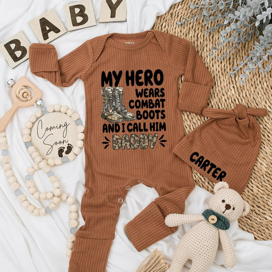 My Hero Wears Combat Boots Personalized Baby Bodysuit, Military Daddy Newborn Outfit, Army Coming Home Gift for Soldier's Son or Daughter