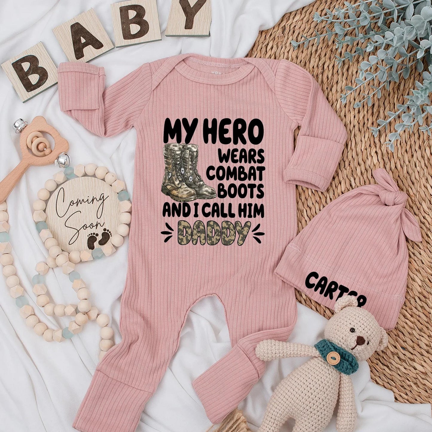 My Hero Wears Combat Boots Personalized Baby Bodysuit, Military Daddy Newborn Outfit, Army Coming Home Gift for Soldier's Son or Daughter