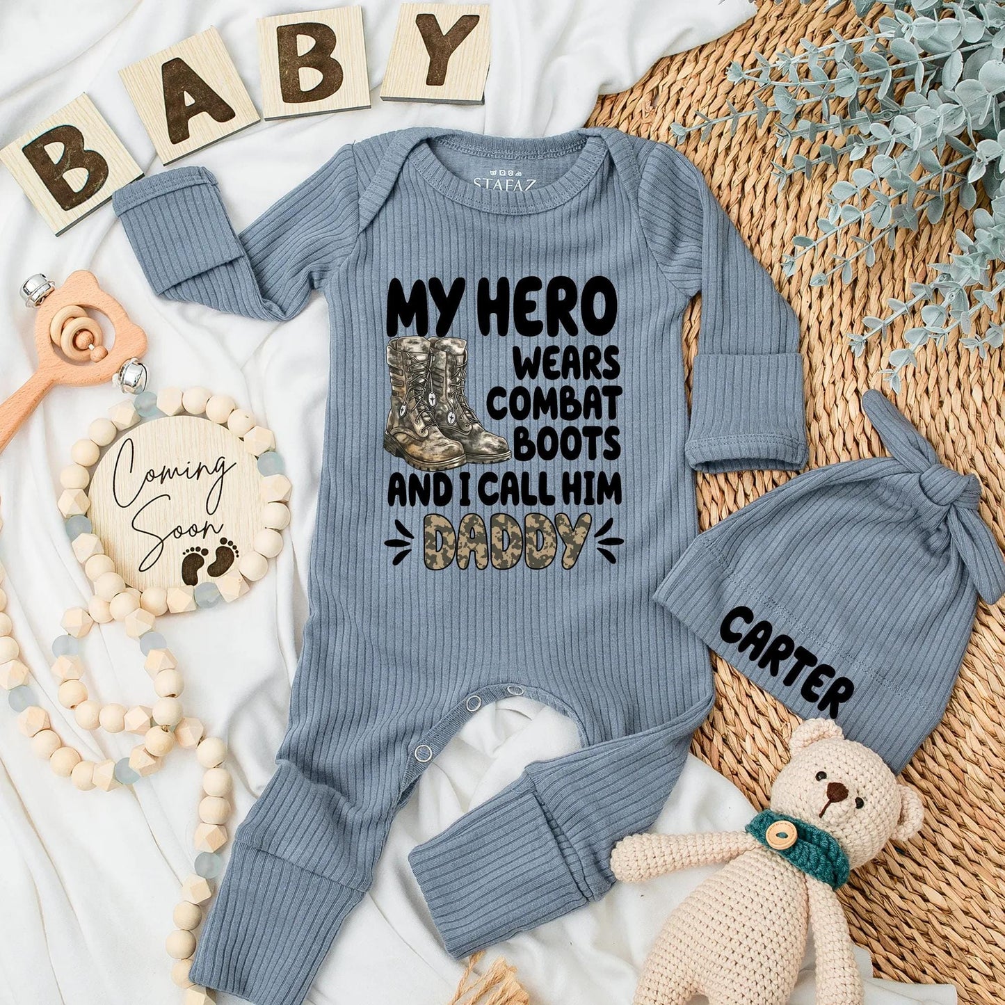 My Hero Wears Combat Boots Personalized Baby Bodysuit, Military Daddy Newborn Outfit, Army Coming Home Gift for Soldier's Son or Daughter