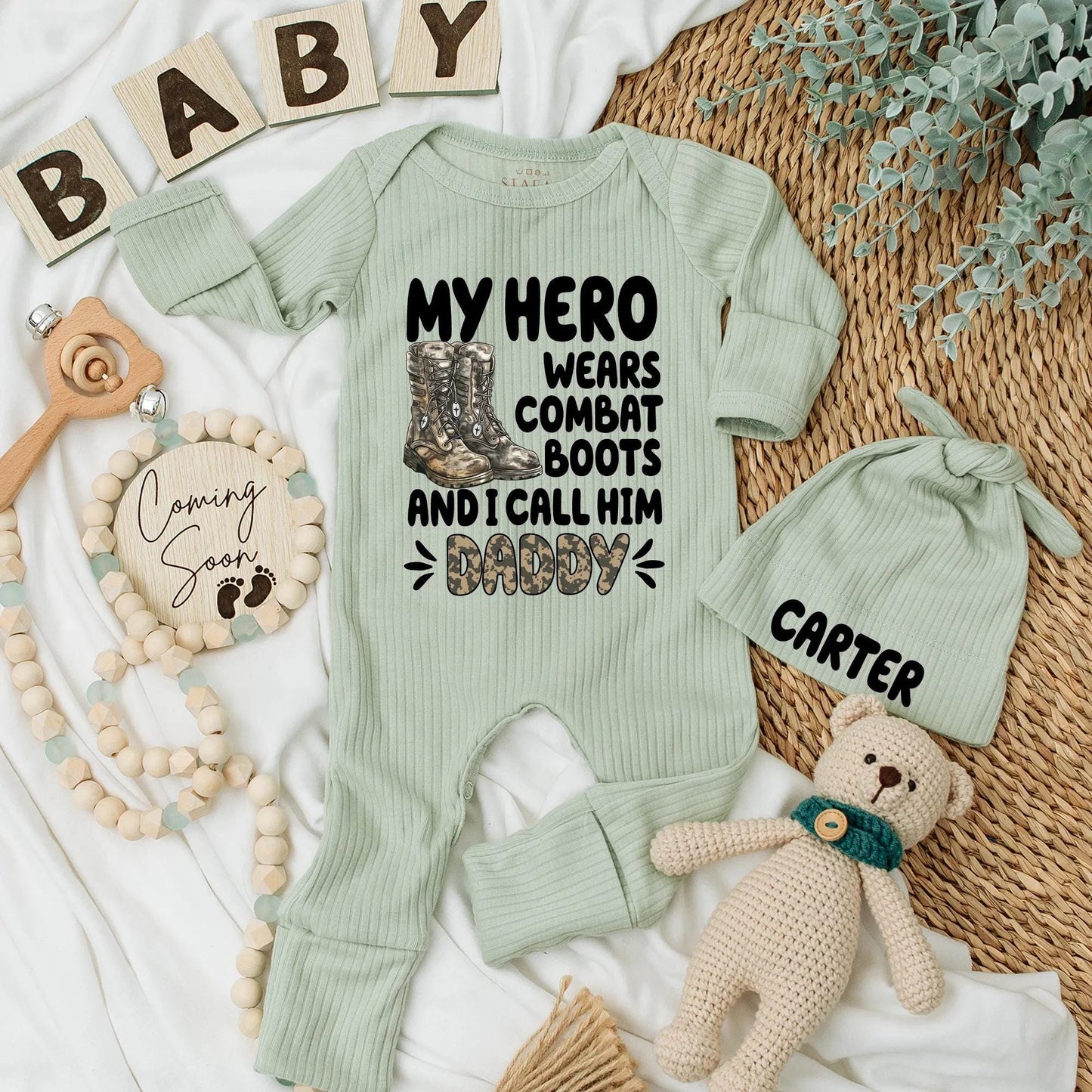 My Hero Wears Combat Boots Personalized Baby Bodysuit, Military Daddy Newborn Outfit, Army Coming Home Gift for Soldier's Son or Daughter
