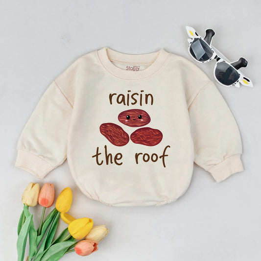 Funny Baby Raisin the Roof Bubble Romper Cute Food Pun Infant Outfit Gender Neutral Newborn Clothes Soft Comfortable Baby Shower Gift