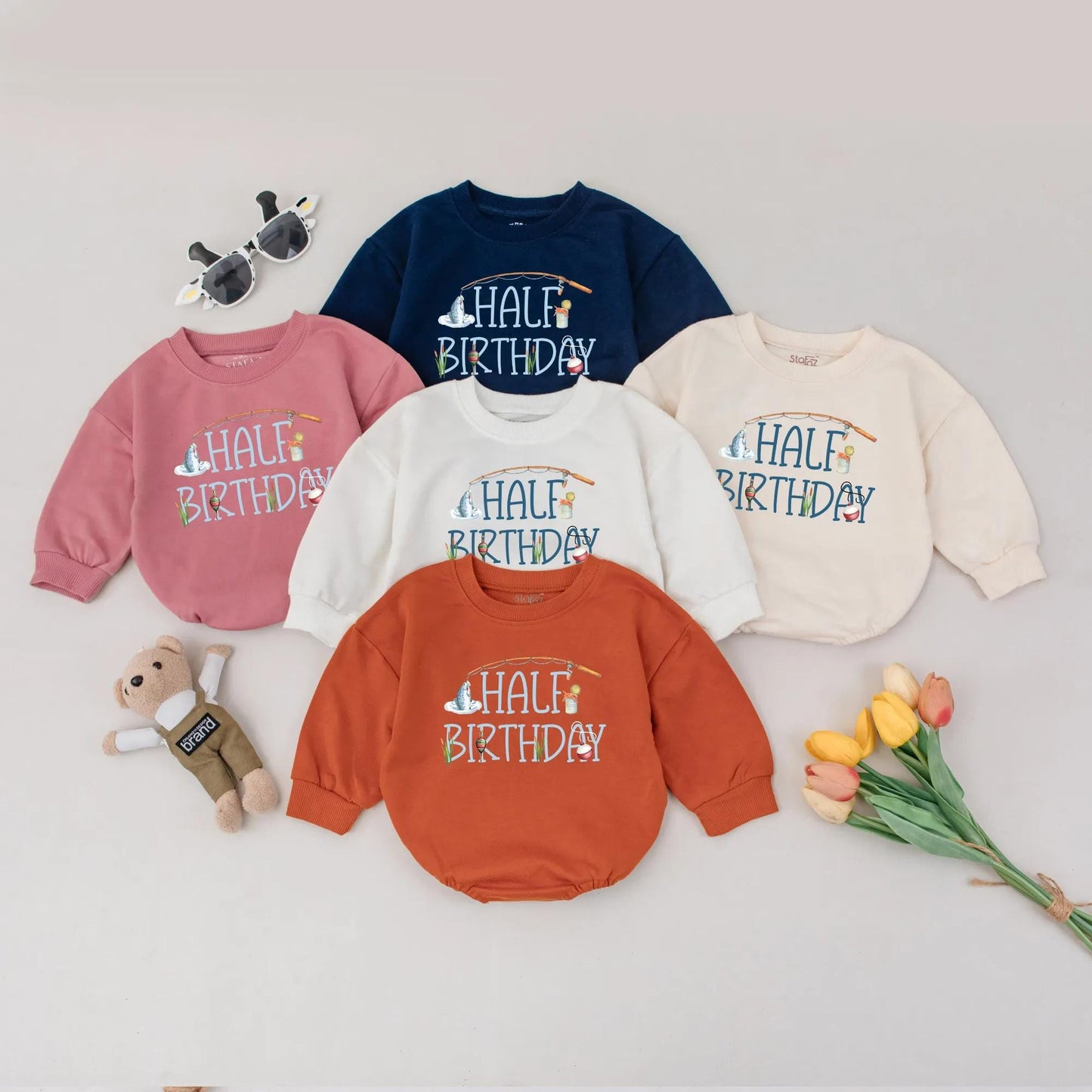 Fishing Half Birthday Bubble Romper Cute 6 Month Outfit Milestone Gift for Boys or Girls Sweet Outdoorsy Style