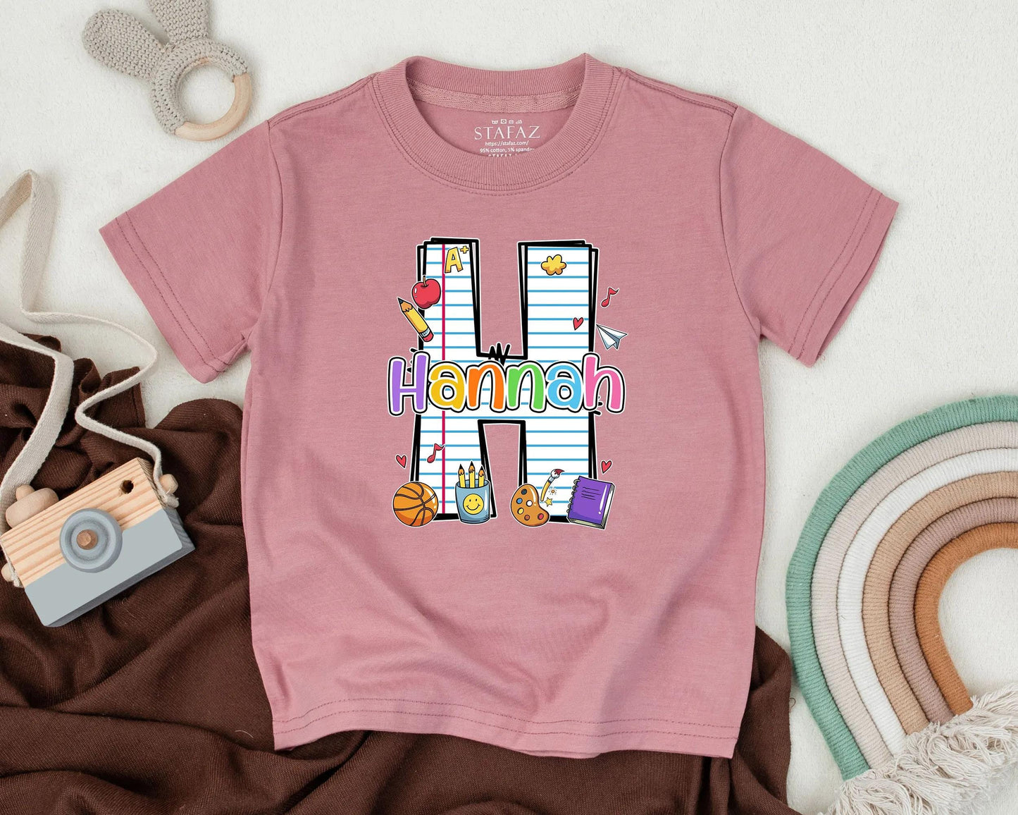 Personalized School Girl Tee with School Supplies, Custom Name First Day of School Toddler Shirt, Preschool Gift, Back to School