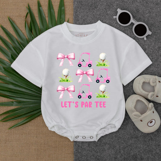 Let's Par Tee Bubble Romper Cute Pink Golf Cart Tee Toddler Girls Golf Outfit Adorable Shirt Birthday Party Wear