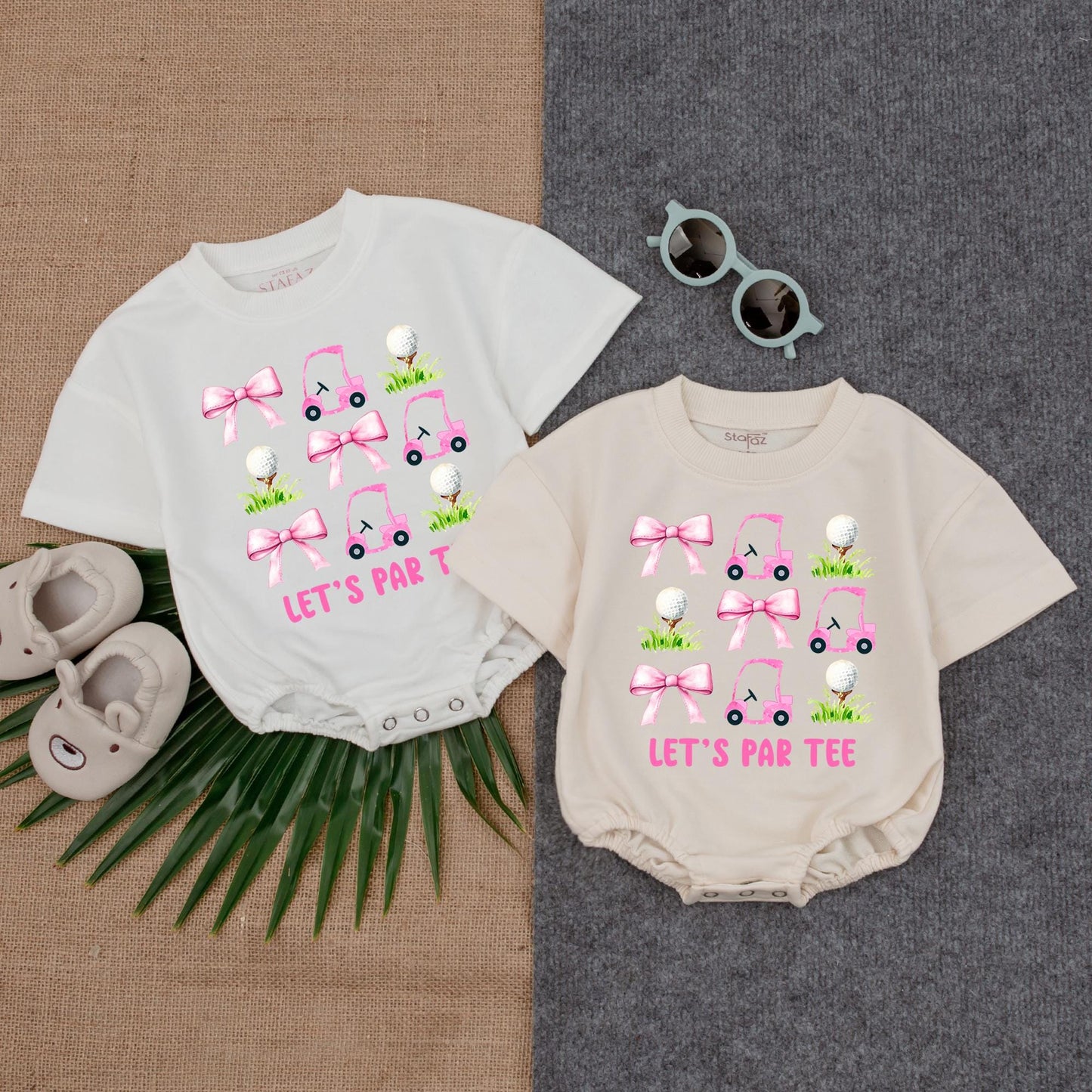 Let's Par Tee Bubble Romper Cute Pink Golf Cart Tee Toddler Girls Golf Outfit Adorable Shirt Birthday Party Wear