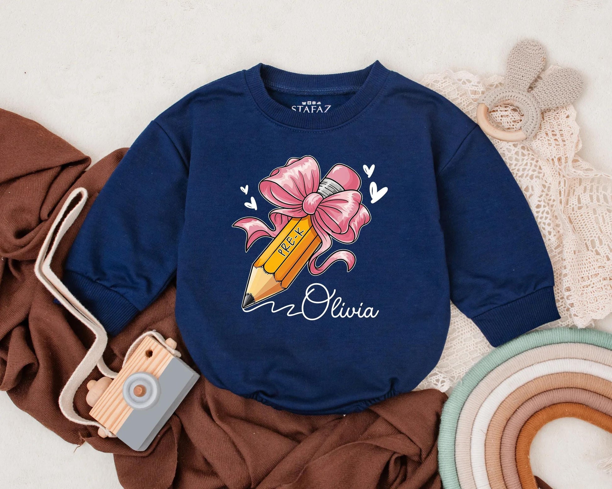 Personalized Pre-K Back to School Bubble Romper Cute Pencil Bow Baby Girl First Day Outfit Toddler Preschool Photo Clothes