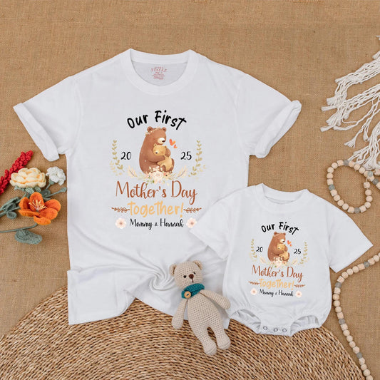 Personalized Beary Our First Mother's Day Together Matching Mom and Baby Shirt Comfortable Cotton Outfit for New Mommy and Infant Celebration Gift Idea