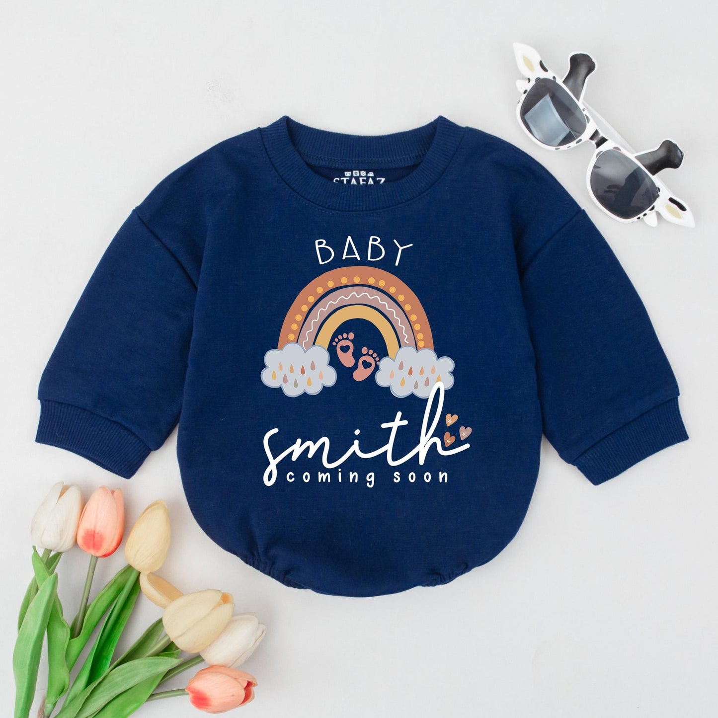 Personalized Baby Coming Soon Romper Rainbow Reveal, Custom Name Baby Shower Gift, Soft Cotton Outfit