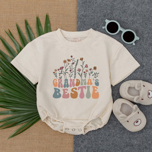 Grandma's Bestie Floral Wildflower Baby Romper Newborn Girl Gift from Grandma Cute Retro Outfit for Baby Shower Spring