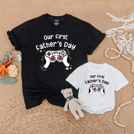 Custom Gaming First Fathers Day Matching Shirt for Daddy and Baby Personalized with Names Adorable Matching Outfits for a Special First Father's Day Gift