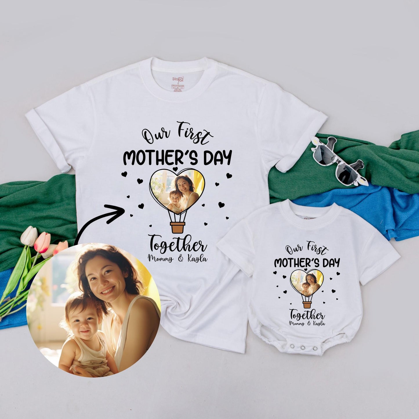 Personalized First Mother's Day Shirt for Baby & Mom - Custom Photo & Name Gift Set - New Mom & Baby Outfit