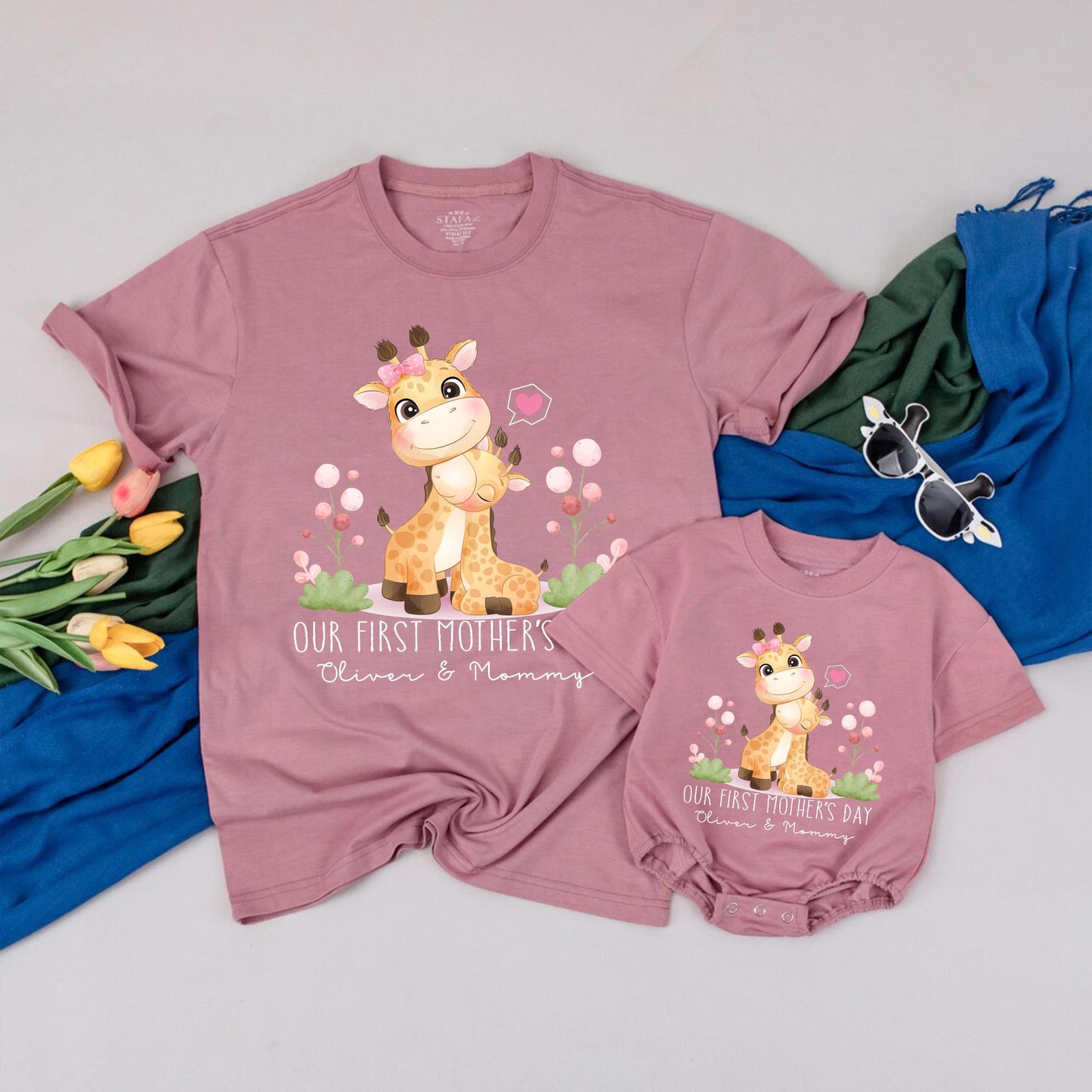 Personalized Mommy & Baby Giraffe Tees - Our First Mother's Day Outfit for New Moms, Cute Baby Announcement Gift, Comfortable Cotton