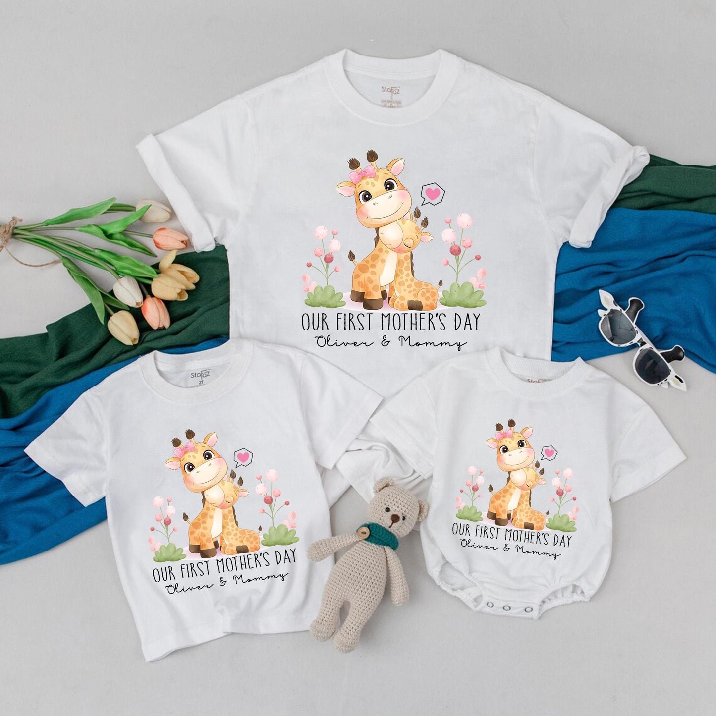 Personalized Mommy & Baby Giraffe Tees - Our First Mother's Day Outfit for New Moms, Cute Baby Announcement Gift, Comfortable Cotton