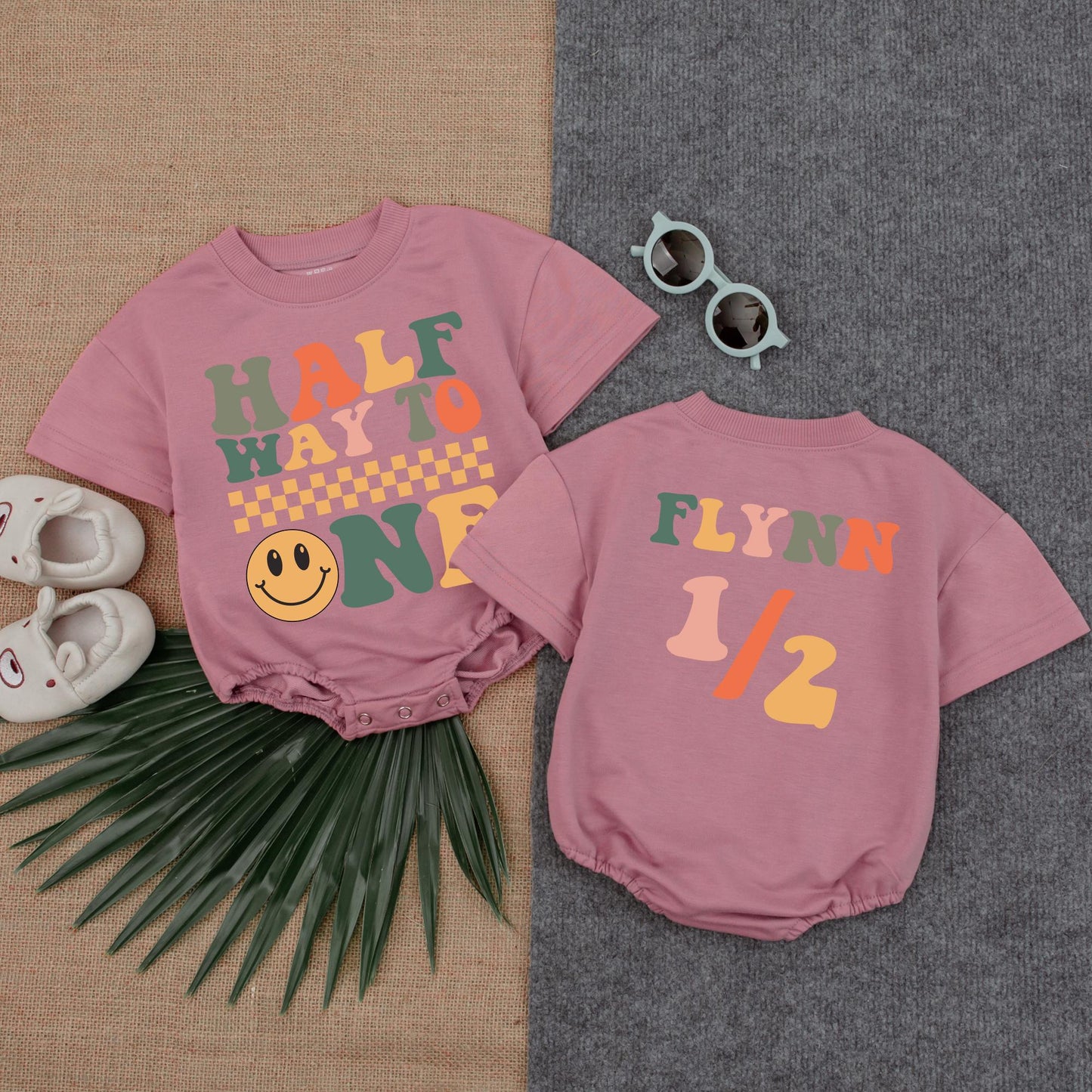 Custom Name Half Birthday Bubble Romper 6 Month Bodysuit Halfway to One Outfit Baby Girl Boy Gift