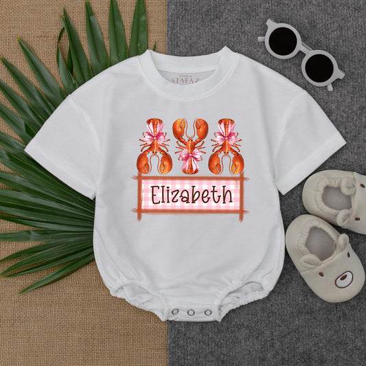 Personalized Crawfish and Bows Baby Girl Bubble Romper Cute Southern Crawfish Boil Season Outfit Soft Cotton Summer Baby Shower Gift