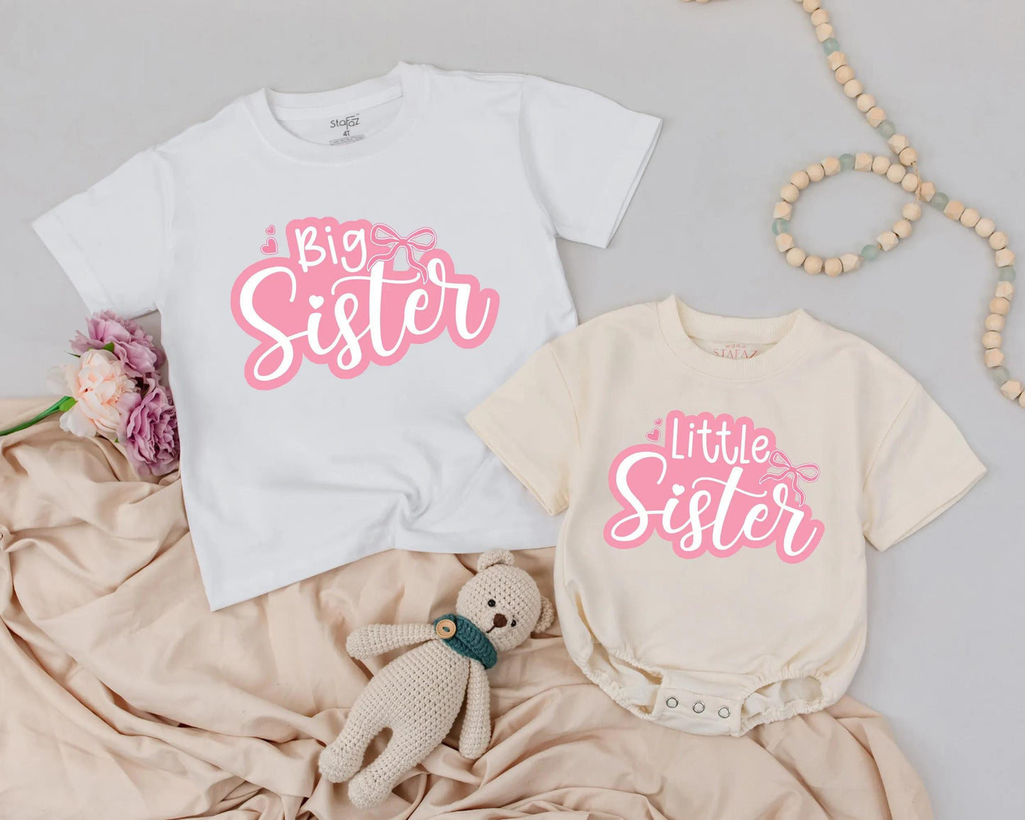 Adorable Big Sister Little Sister Matching Outfit Cute Pink Bow Toddler Shirt Baby Bubble Romper Sister Announcement Gift for Girls