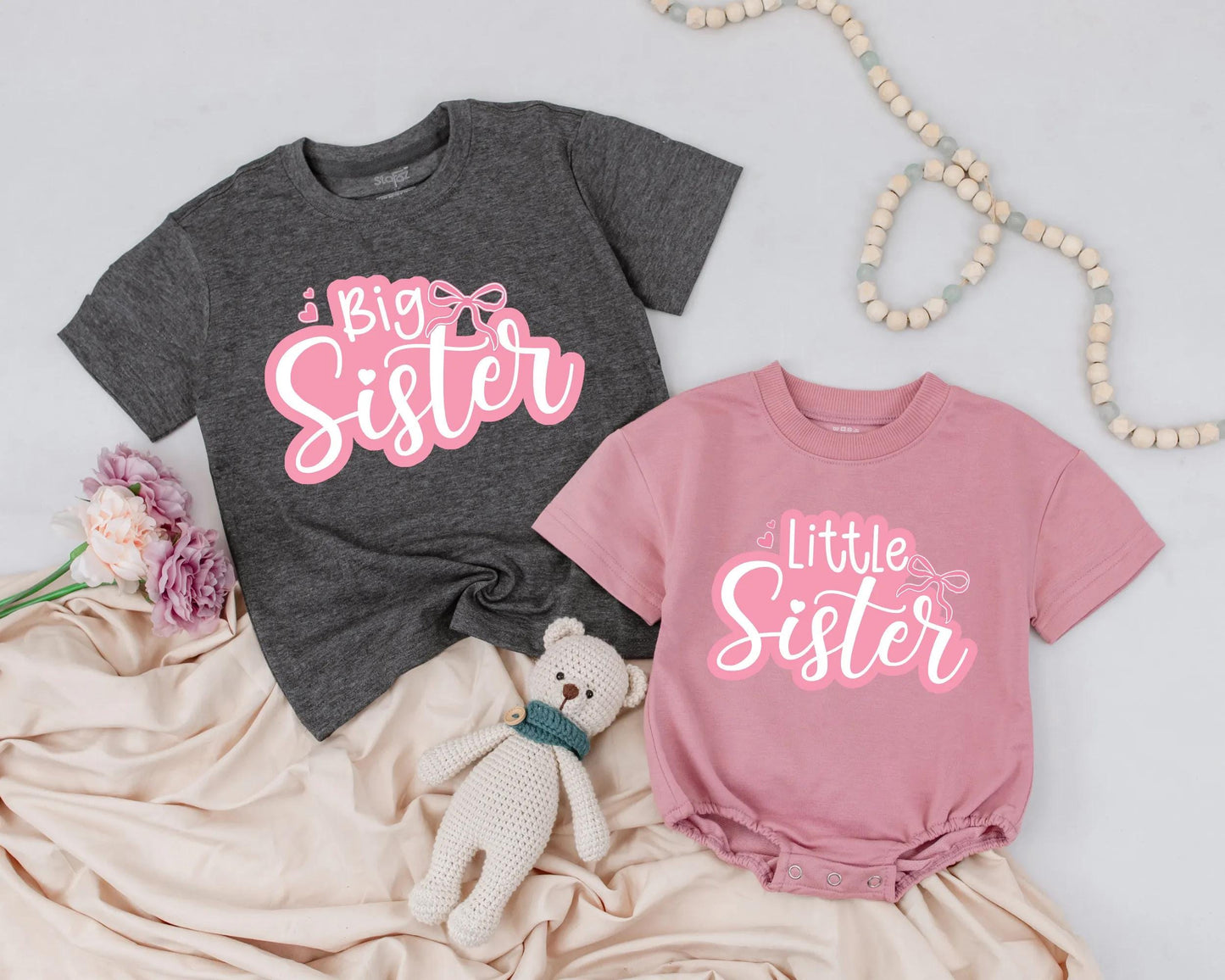 Adorable Big Sister Little Sister Matching Outfit Cute Pink Bow Toddler Shirt Baby Bubble Romper Sister Announcement Gift for Girls