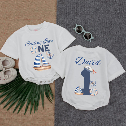 Sailing Into One Baby Boy Romper, Nautical 1st Birthday Outfit, Custom Name Sailor Romper, Ocean Theme Gift for Baby Boy