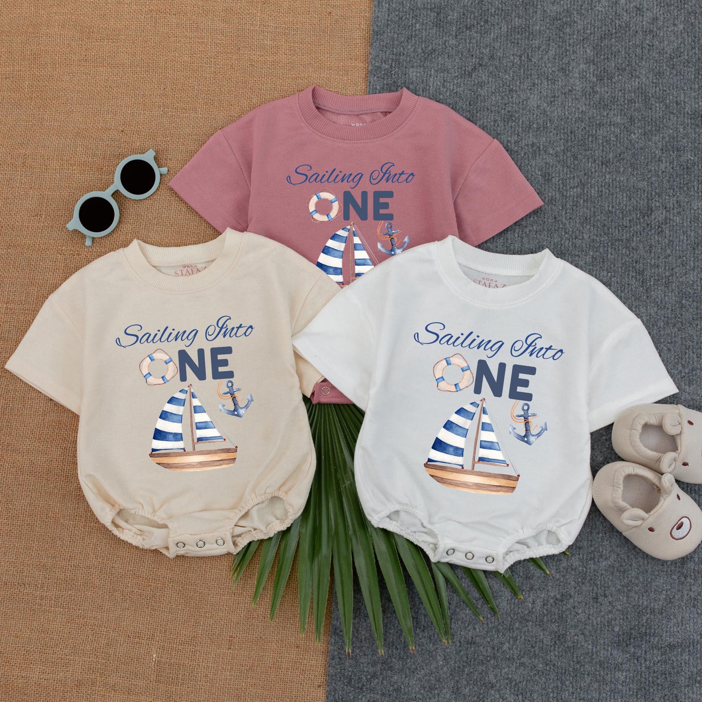 Sailing Into One Baby Boy Romper, Nautical 1st Birthday Outfit, Custom Name Sailor Romper, Ocean Theme Gift for Baby Boy