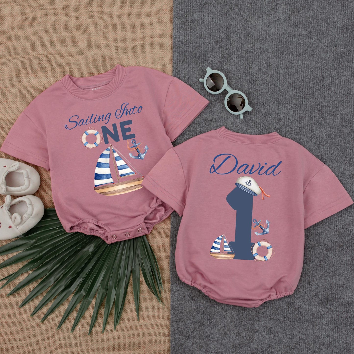 Sailing Into One Baby Boy Romper, Nautical 1st Birthday Outfit, Custom Name Sailor Romper, Ocean Theme Gift for Baby Boy
