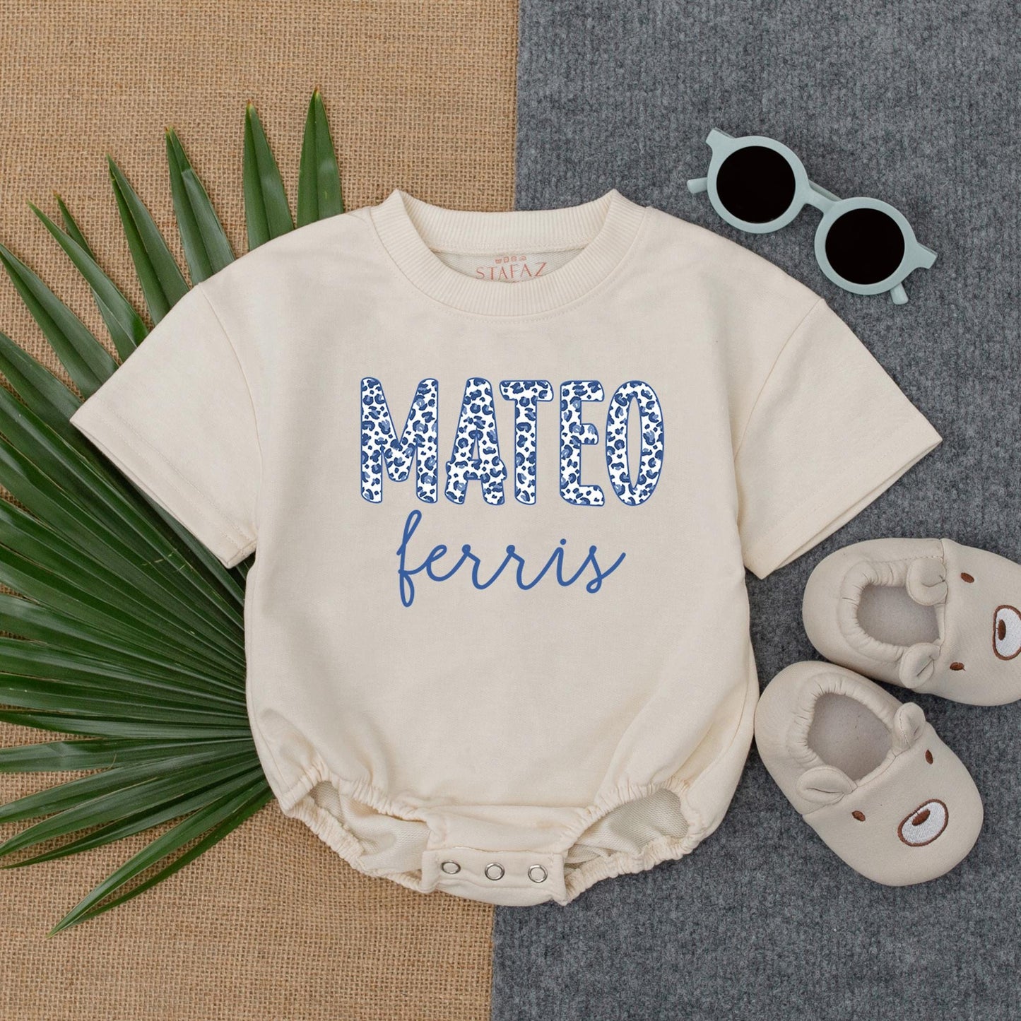 Navy Leopard Baby Boy Romper Personalized Wild Animal Safari Outfit Custom Name Gift for Toddlers
