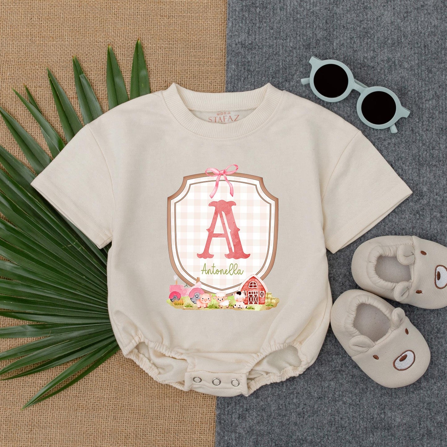 Baby Farm Girl T-shirt Bubble Romper, Custom Name, Cow & Chick Birthday Outfit for Girls, Barnyard Theme, Baby Girl Gift (140 chars)