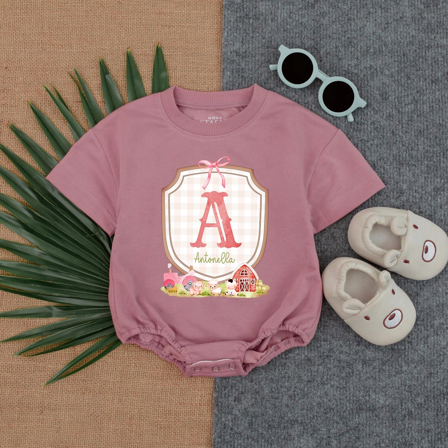 Baby Farm Girl T-shirt Bubble Romper, Custom Name, Cow & Chick Birthday Outfit for Girls, Barnyard Theme, Baby Girl Gift (140 chars)