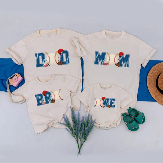 Baseball Birthday Family Matching Shirts Dad Mom Bro One First Birthday Outfit themed party clothes for baby boy, toddler, and parents celebrating a fun sports event.