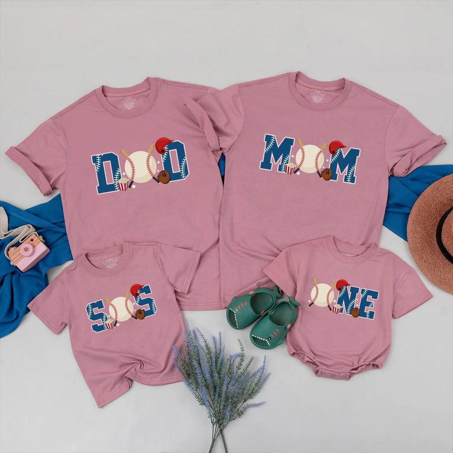 Baseball Birthday Family Matching Shirts Dad Mom Bro One First Birthday Outfit themed party clothes for baby boy, toddler, and parents celebrating a fun sports event.
