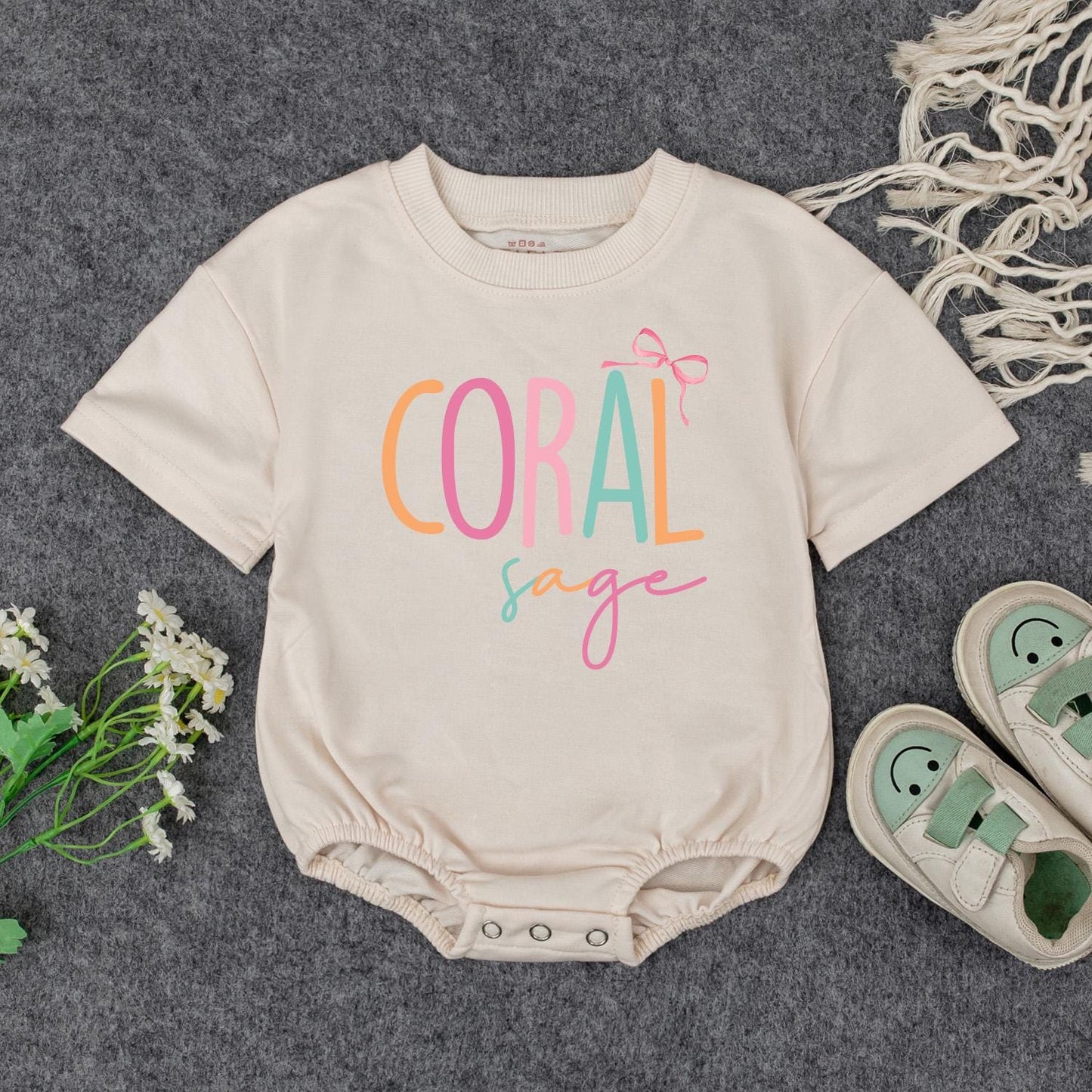 Personalized Makenzie & Coral Baby Girl Romper Newborn Outfit Custom Name Infant Clothes with Bow Baby Shower Gift