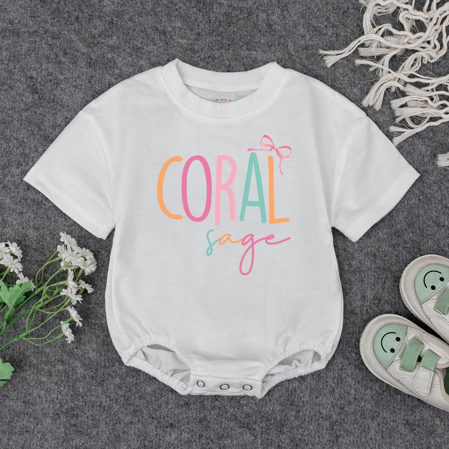 Personalized Makenzie & Coral Baby Girl Romper Newborn Outfit Custom Name Infant Clothes with Bow Baby Shower Gift