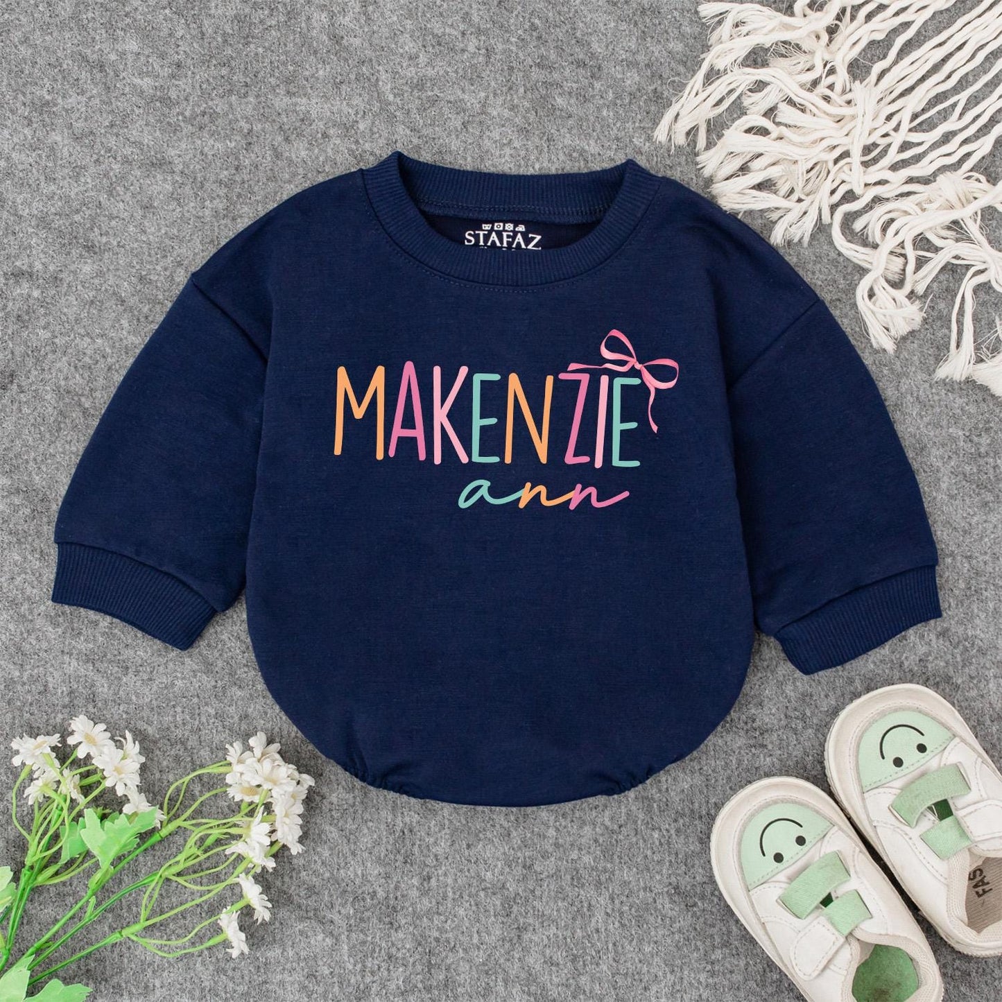 Personalized Makenzie & Coral Baby Girl Romper Newborn Outfit Custom Name Infant Clothes with Bow Baby Shower Gift