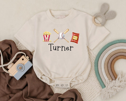 Custom Name Baseball T-Shirt Romper Baby Boy Baseball Fan Outfit Popcorn Snack Design Summer Gift Idea