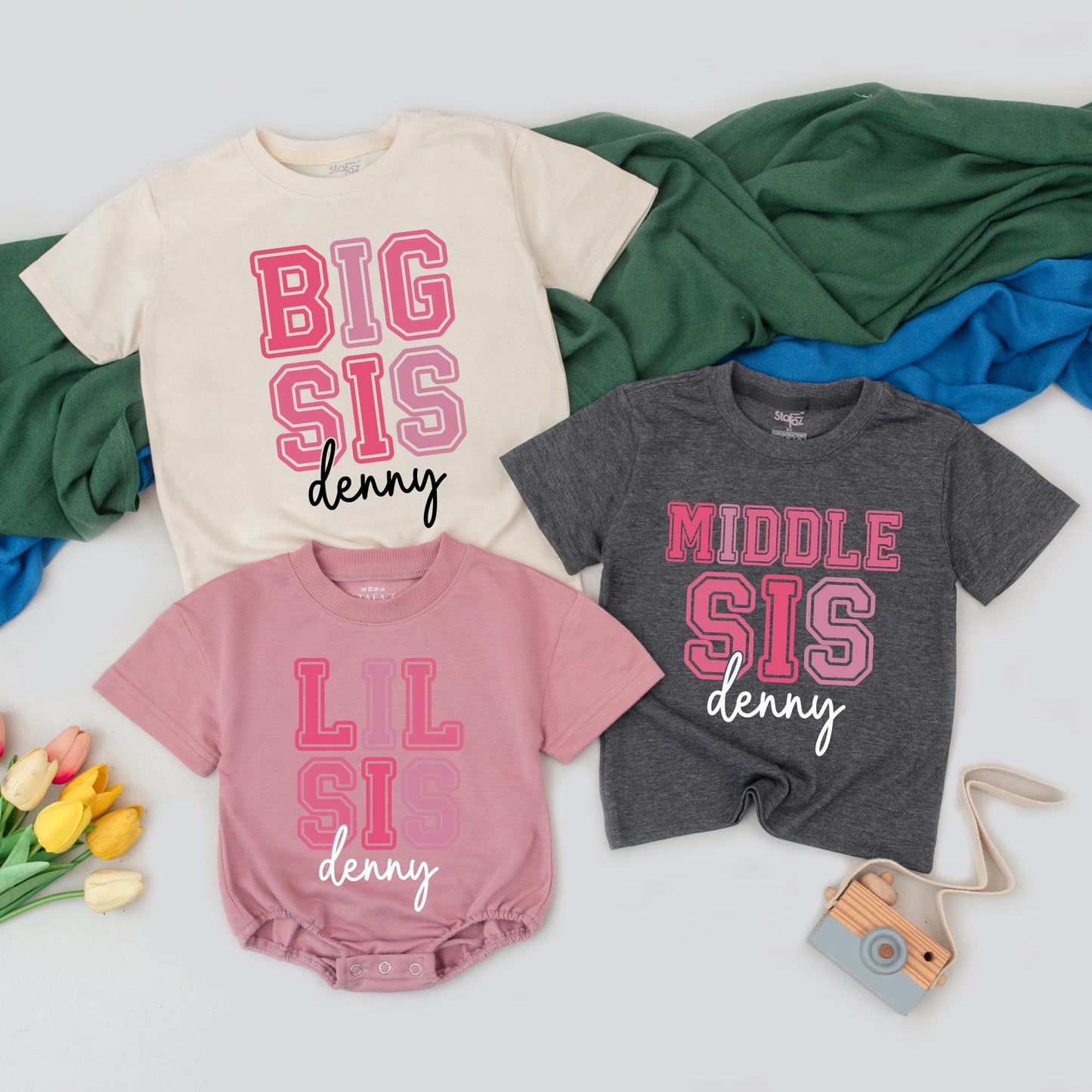 Personalized Sister Matching Outfits: Big, Middle, Lil Sis Shirts for Baby Girl - Custom Name Sibling Announcement Tees