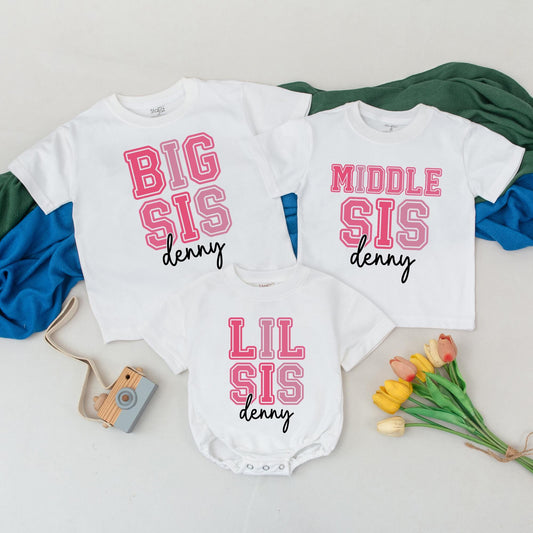 Personalized Sister Matching Outfits: Big, Middle, Lil Sis Shirts for Baby Girl - Custom Name Sibling Announcement Tees