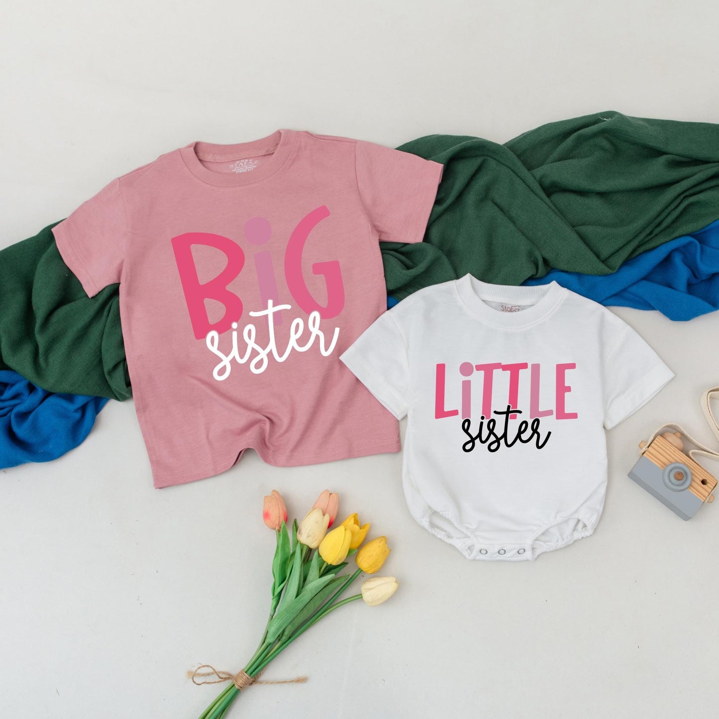 Personalized Sister Matching Outfits Big Middle Little Sister Shirts Baby Toddler Girl Whimsical Pink Black Cursive Font Sibling Reveal Gift