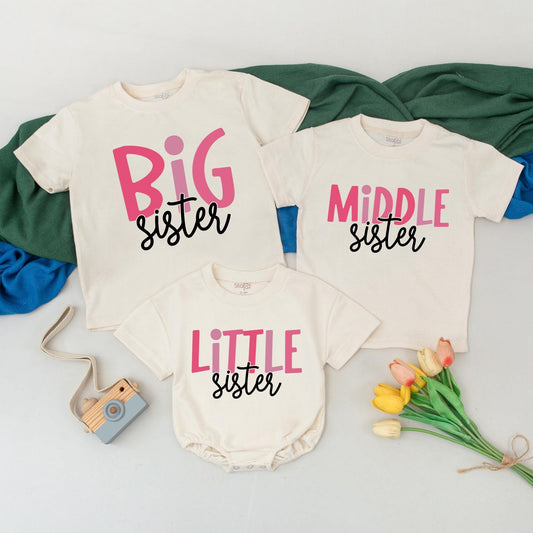 Personalized Sister Matching Outfits Big Middle Little Sister Shirts Baby Toddler Girl Whimsical Pink Black Cursive Font Sibling Reveal Gift