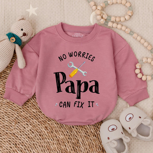 No Worries Papa Can Fix It Bubble Romper Cute Baby Outfit for Dad Father's Day Gift Handy Papa Baby Clothes Funny Bodysuit