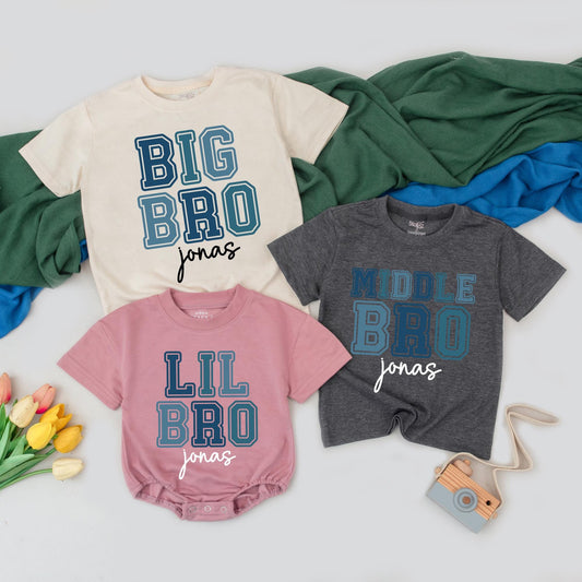 Custom Big Bro Middle Bro Lil Bro Matching Outfits Personalized Name Baby Boy Gift Sibling Reveal Tees