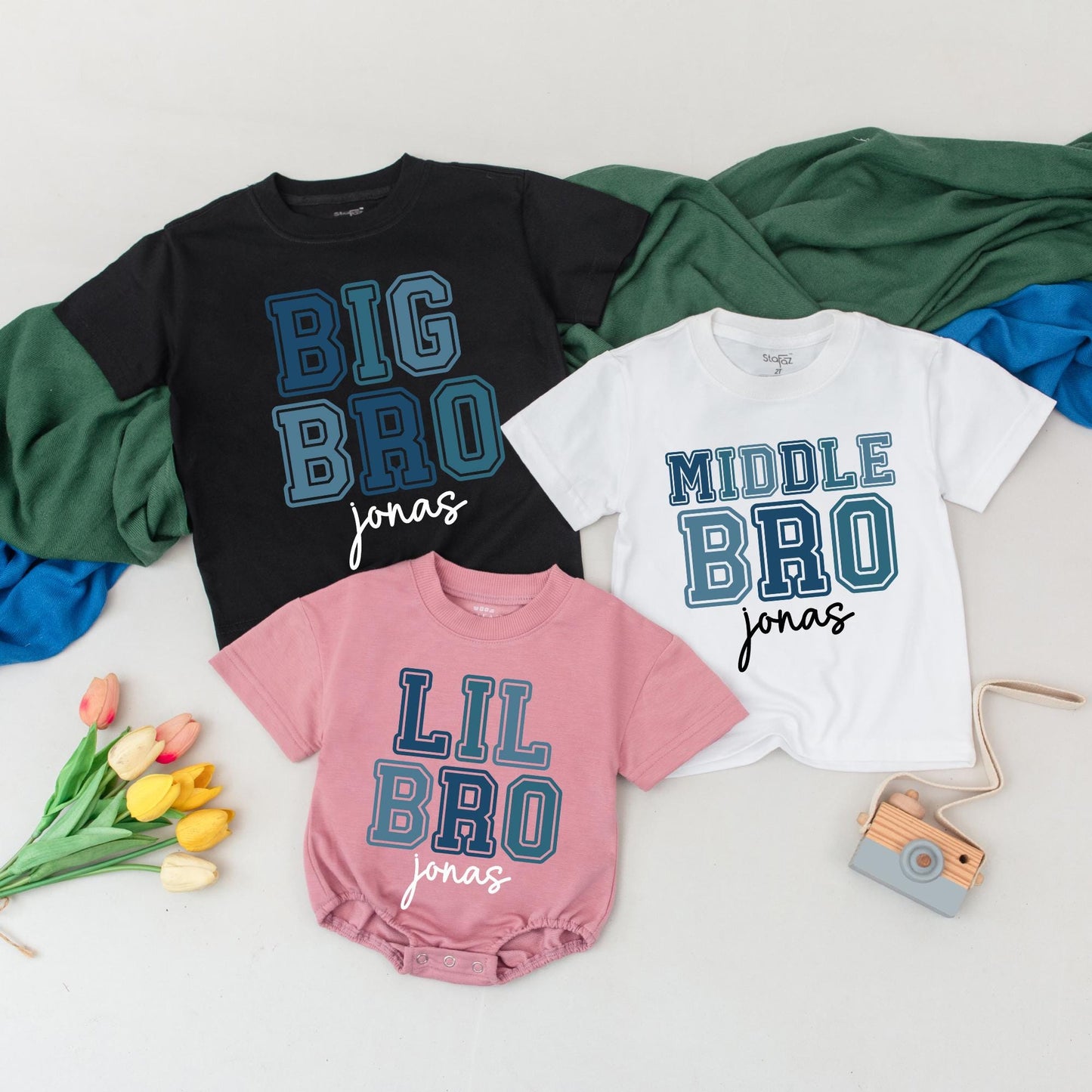 Custom Big Bro Middle Bro Lil Bro Matching Outfits Personalized Name Baby Boy Gift Sibling Reveal Tees