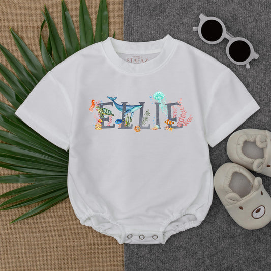 Personalized Ocean Theme Baby Bubble Romper Sea Animal Summer Name Outfit for Boys and Girls Soft Comfortable T-Shirt Style One Piece