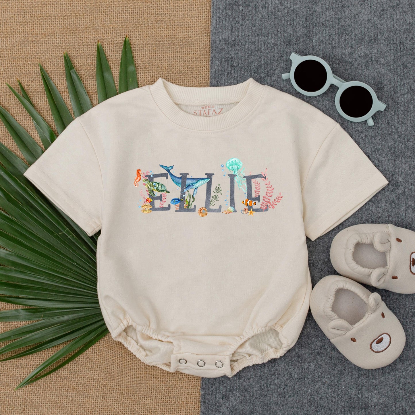 Personalized Ocean Theme Baby Bubble Romper Sea Animal Summer Name Outfit for Boys and Girls Soft Comfortable T-Shirt Style One Piece