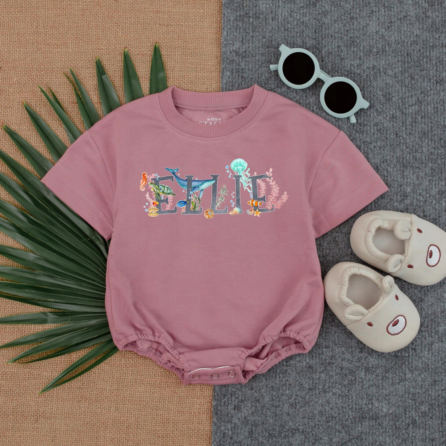 Personalized Ocean Theme Baby Bubble Romper Sea Animal Summer Name Outfit for Boys and Girls Soft Comfortable T-Shirt Style One Piece