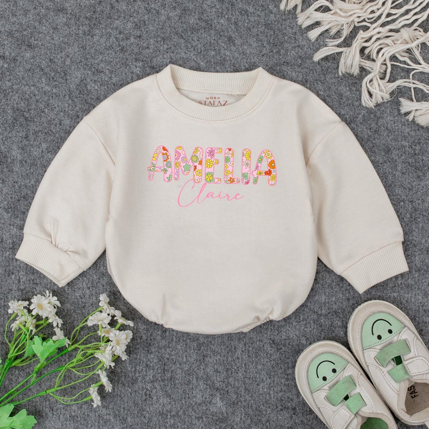 Personalized Baby Girl Romper with Floral First Name & Pink Cursive Middle Name Custom Newborn Outfit Baby Shower Gift