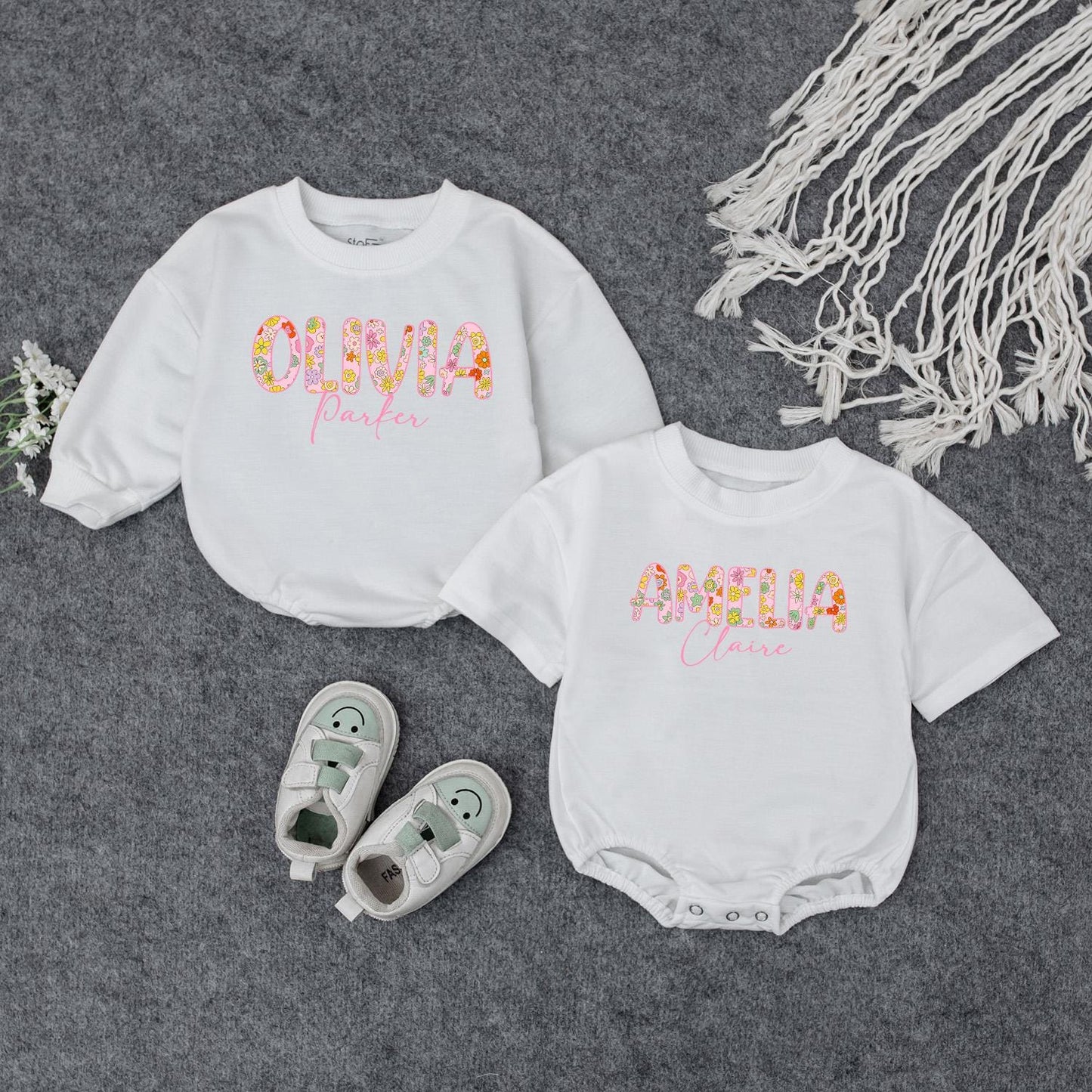 Personalized Baby Girl Romper with Floral First Name & Pink Cursive Middle Name Custom Newborn Outfit Baby Shower Gift