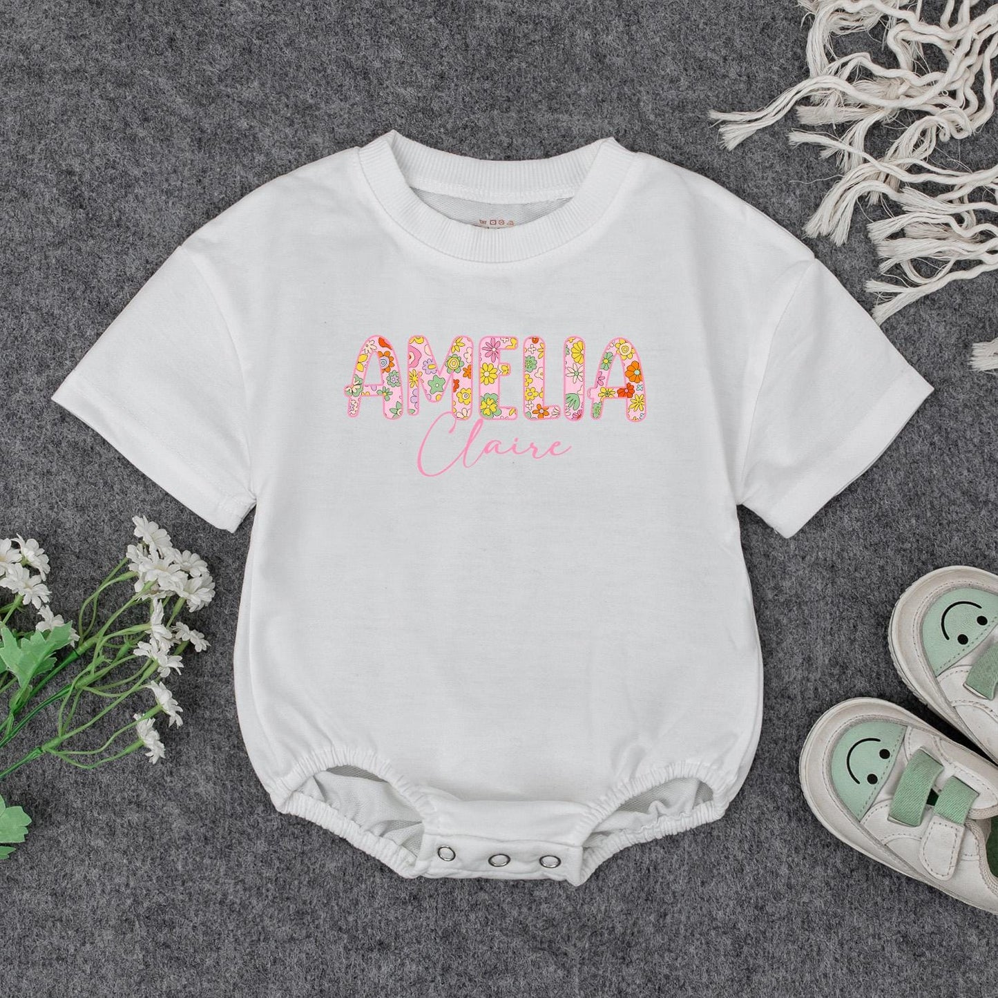 Personalized Baby Girl Romper with Floral First Name & Pink Cursive Middle Name Custom Newborn Outfit Baby Shower Gift