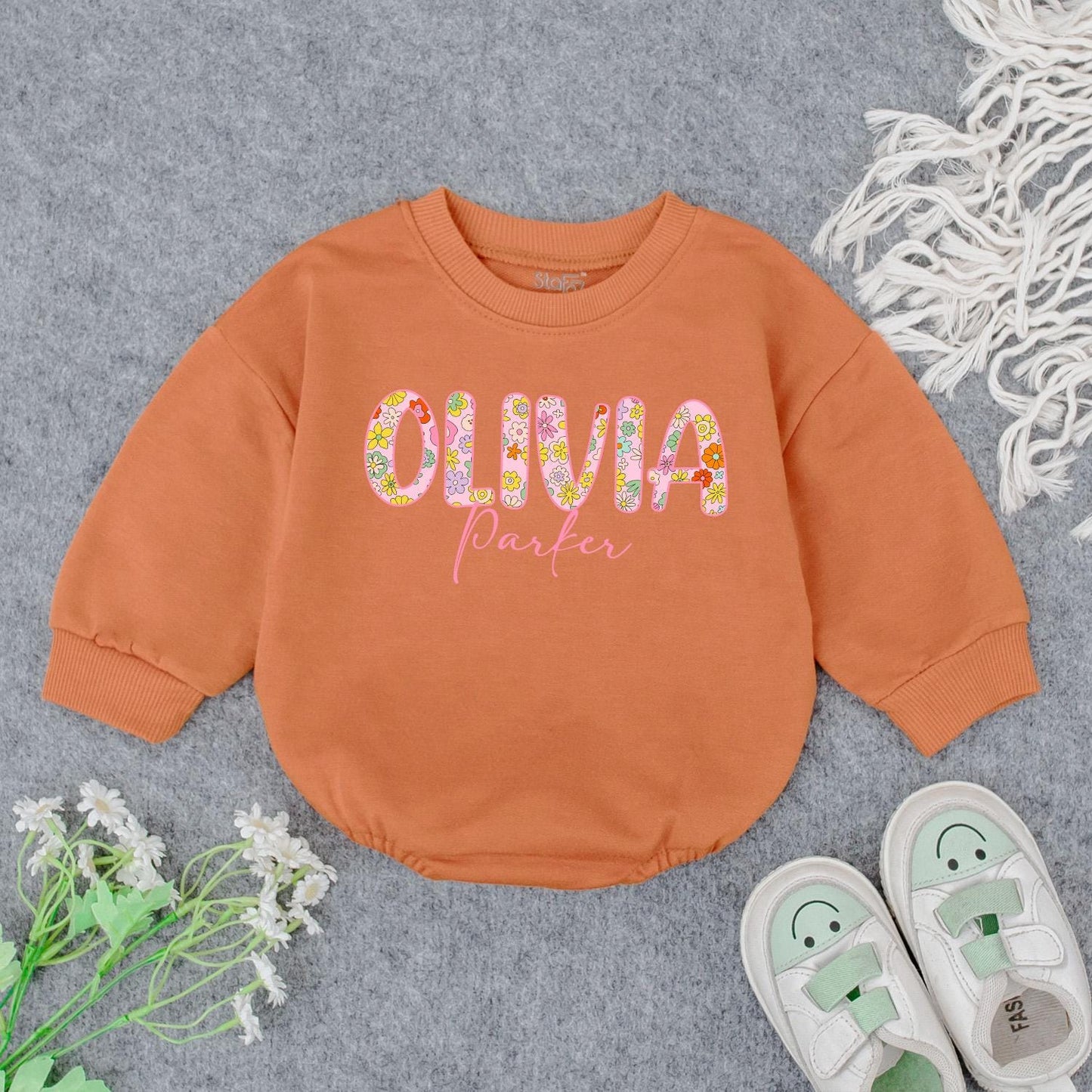Personalized Baby Girl Romper with Floral First Name & Pink Cursive Middle Name Custom Newborn Outfit Baby Shower Gift